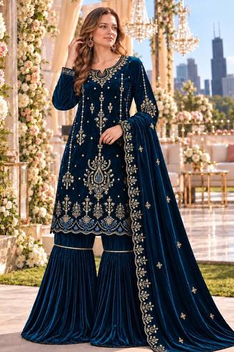 Teal velvet semi stitched suit with embroidery & sequence work