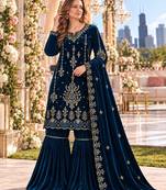 Teal velvet semi stitched suit with embroidery & sequence work