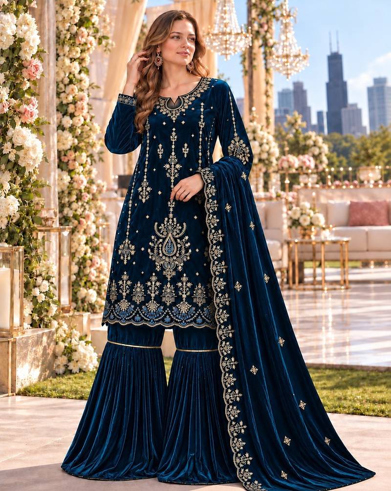Teal velvet semi stitched suit with embroidery & sequence work