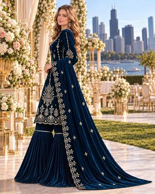 Teal velvet semi stitched suit with embroidery & sequence work 2