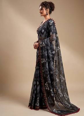 Black floral cotton silk ethnic saree 3