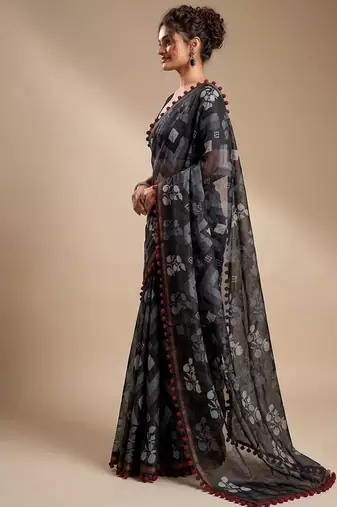 Black floral cotton silk ethnic saree