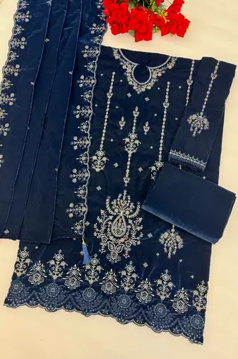 Teal velvet semi stitched suit with embroidery & sequence work