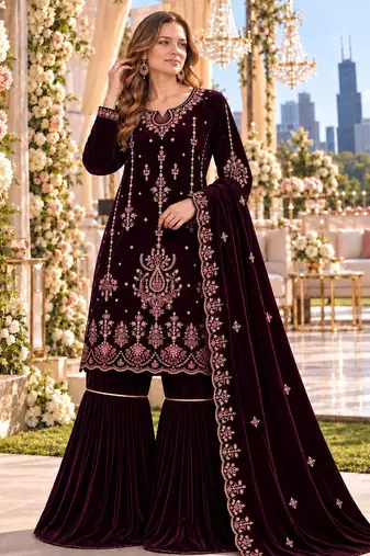 Wine velvet semi stitched suit with embroidery & sequence work
