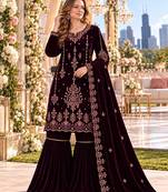 Wine velvet semi stitched suit with embroidery & sequence work