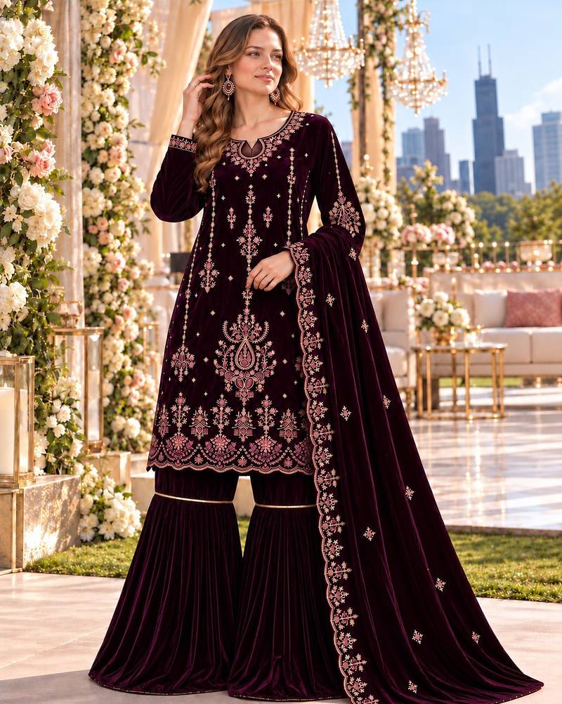 Wine velvet semi stitched suit with embroidery & sequence work