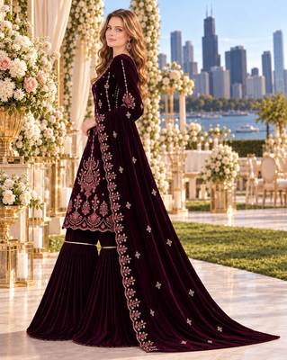 Wine velvet semi stitched suit with embroidery & sequence work 2