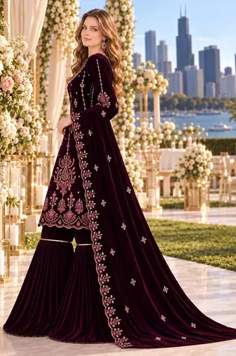 Wine velvet semi stitched suit with embroidery & sequence work