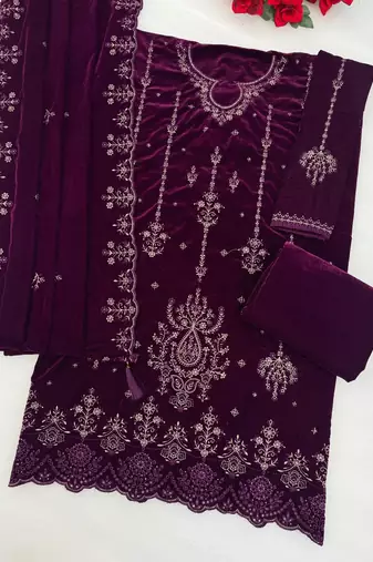 Wine velvet semi stitched suit with embroidery & sequence work