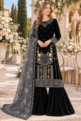 Black velvet semi stitched suit with embroidery & sequence work 1