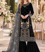 Black velvet semi stitched suit with embroidery & sequence work