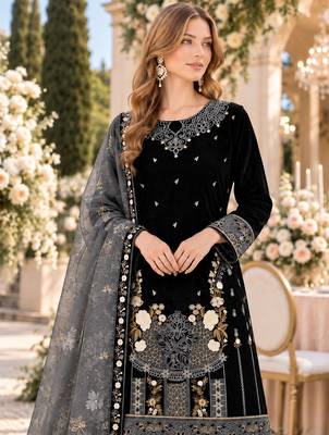 Black velvet semi stitched suit with embroidery & sequence work 2
