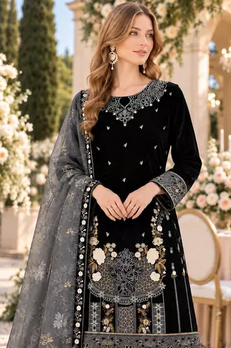 Black velvet semi stitched suit with embroidery & sequence work