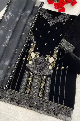 Black velvet semi stitched suit with embroidery & sequence work