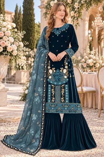 Teal velvet semi stitched suit with embroidery & sequence work