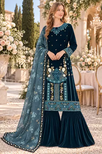 Teal velvet semi stitched suit with embroidery & sequence work