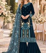 Teal velvet semi stitched suit with embroidery & sequence work
