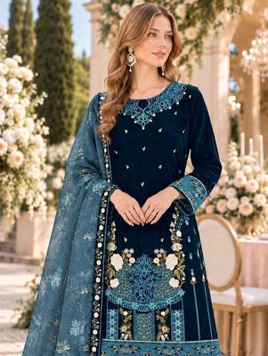Teal velvet semi stitched suit with embroidery & sequence work 2
