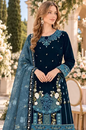 Teal velvet semi stitched suit with embroidery & sequence work