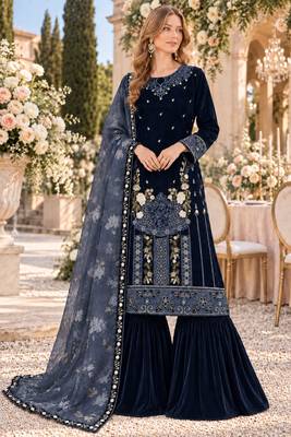 Navy velvet semi stitched suit with embroidery & sequence work 1