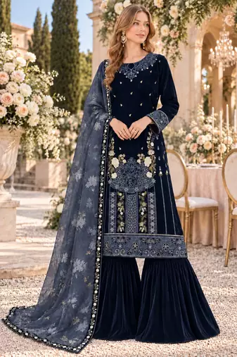 Navy velvet semi stitched suit with embroidery & sequence work