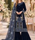 Navy velvet semi stitched suit with embroidery & sequence work