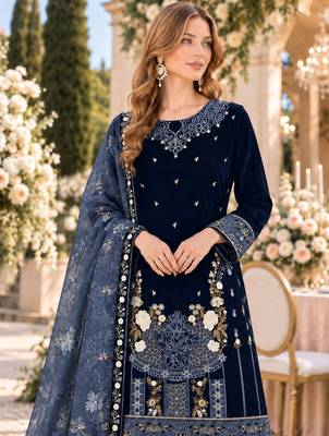 Navy velvet semi stitched suit with embroidery & sequence work 2