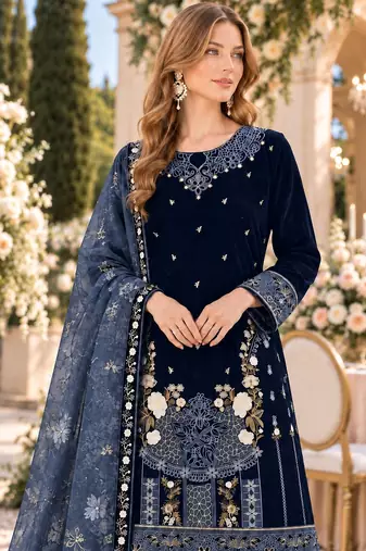 Navy velvet semi stitched suit with embroidery & sequence work