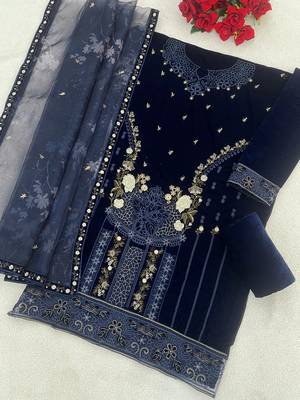 Navy velvet semi stitched suit with embroidery & sequence work 3