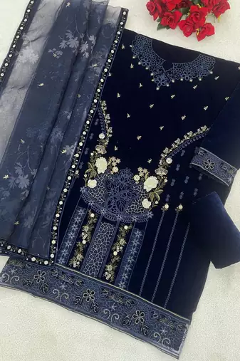 Navy velvet semi stitched suit with embroidery & sequence work