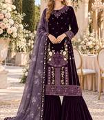 Wine velvet semi stitched suit with embroidery & sequence work