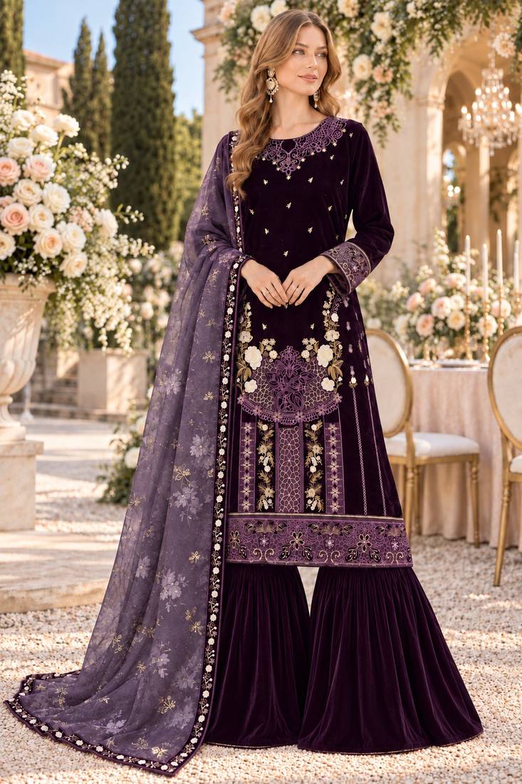 Wine velvet semi stitched suit with embroidery & sequence work