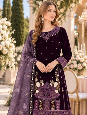 Wine velvet semi stitched suit with embroidery & sequence work 2