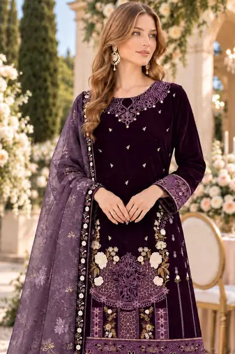Wine velvet semi stitched suit with embroidery & sequence work