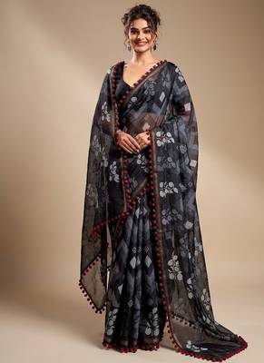 Black floral cotton silk ethnic saree 4