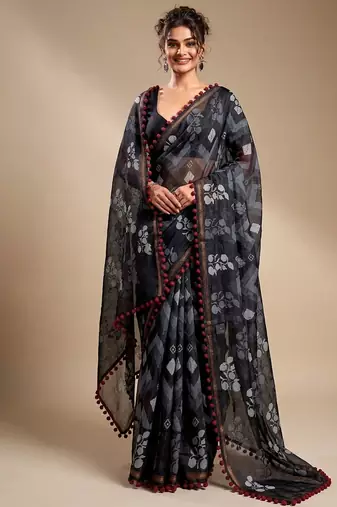 Black floral cotton silk ethnic saree
