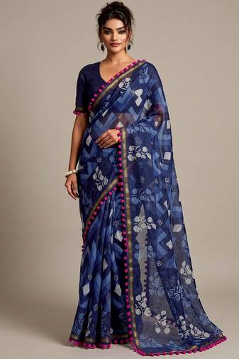 Blue floral cotton silk ethnic saree