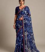 Blue floral cotton silk ethnic saree