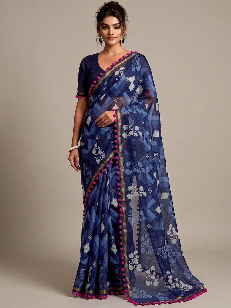 Blue floral cotton silk ethnic saree