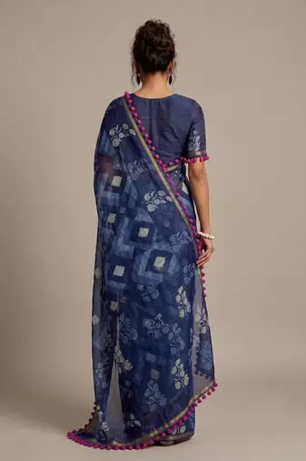Blue floral cotton silk ethnic saree