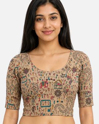 Warm beige wali printed inner cotton lining side (smocked) stretchable top readymade saree blouse 1
