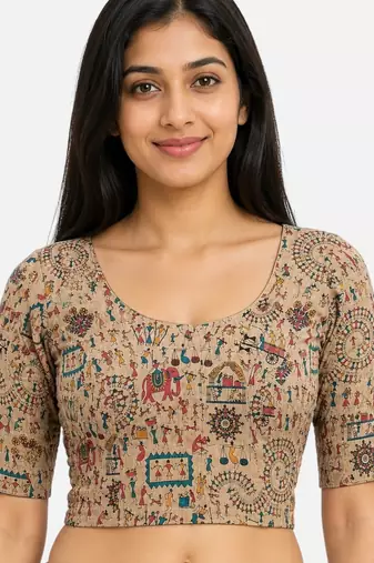 Warm beige wali printed inner cotton lining side (smocked) stretchable top readymade saree blouse