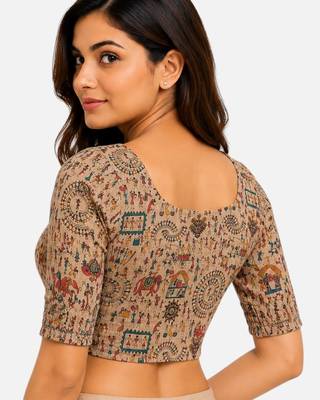 Warm beige wali printed inner cotton lining side (smocked) stretchable top readymade saree blouse 2