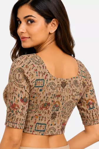 Warm beige wali printed inner cotton lining side (smocked) stretchable top readymade saree blouse