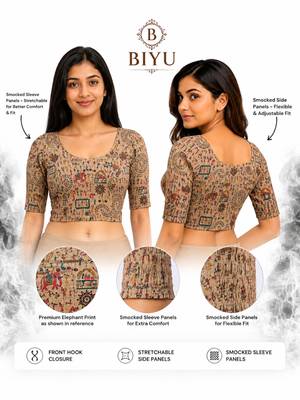 Warm beige wali printed inner cotton lining side (smocked) stretchable top readymade saree blouse 4