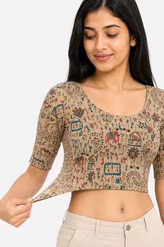 Warm beige wali printed inner cotton lining side (smocked) stretchable top readymade saree blouse