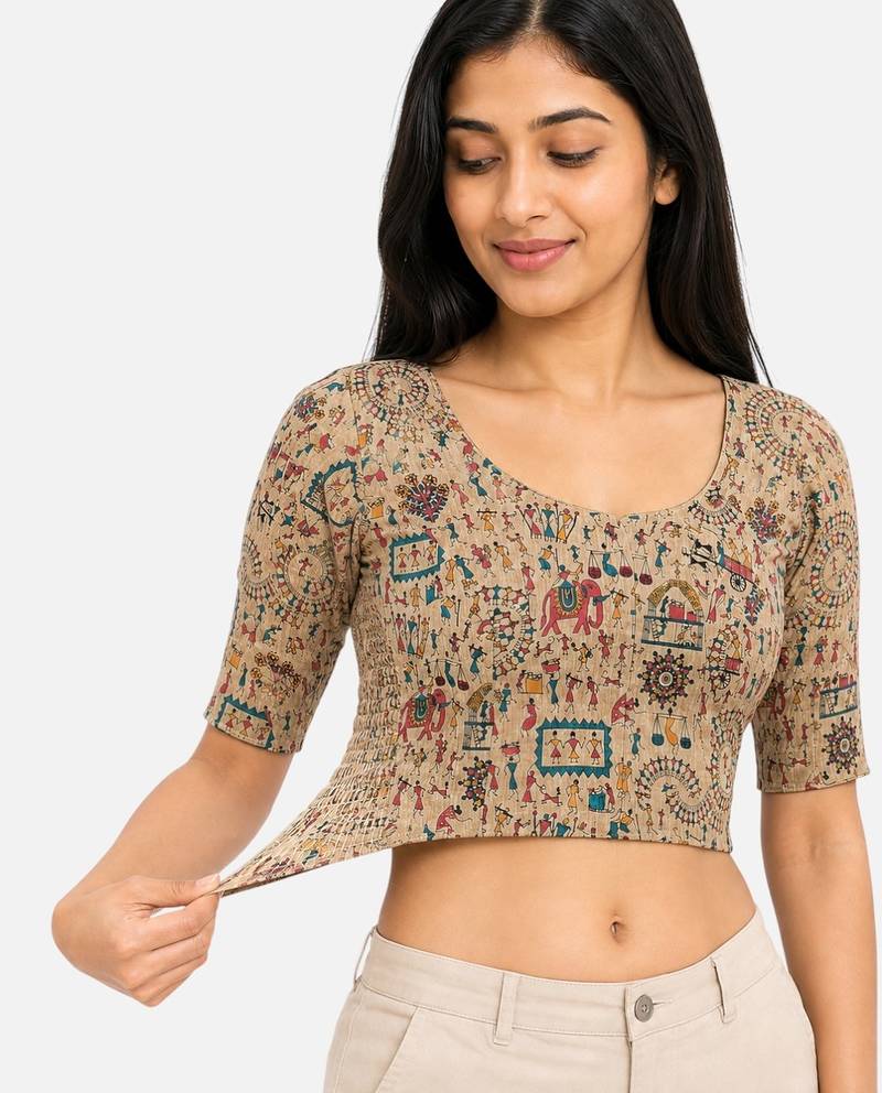 Warm beige wali printed inner cotton lining side (smocked) stretchable top readymade saree blouse