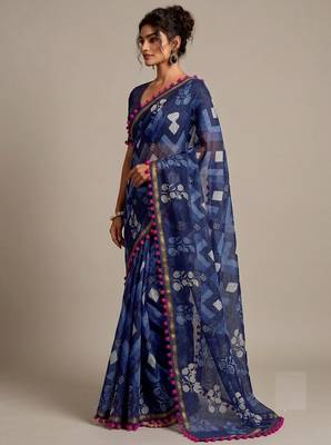 Blue floral cotton silk ethnic saree 3