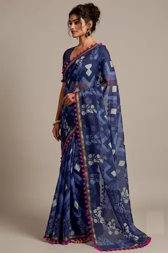Blue floral cotton silk ethnic saree