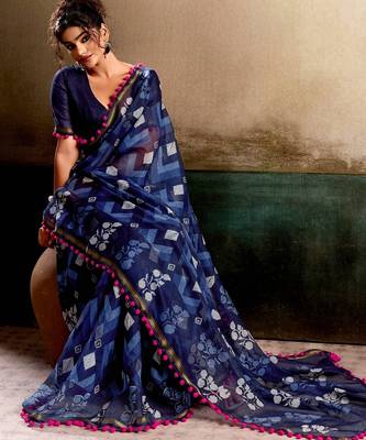 Blue floral cotton silk ethnic saree 4